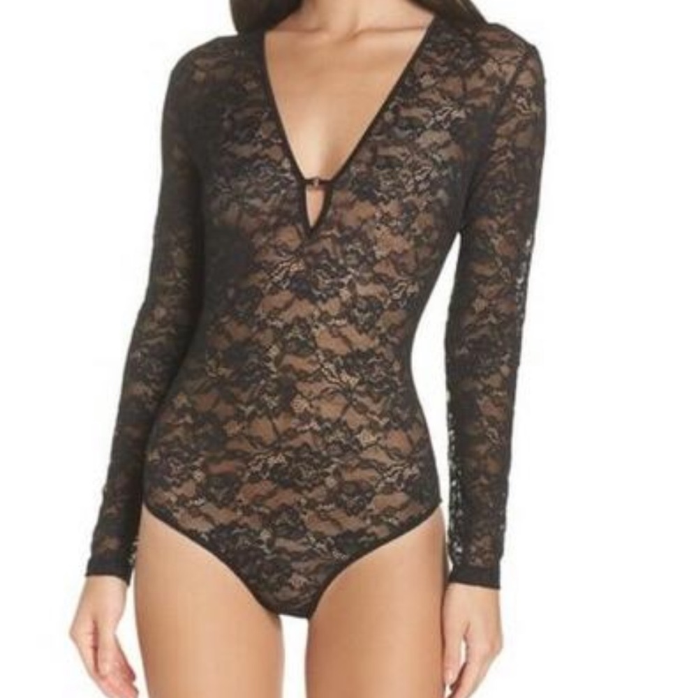 Kendall and Kylie lace V neck leotard long sleeve